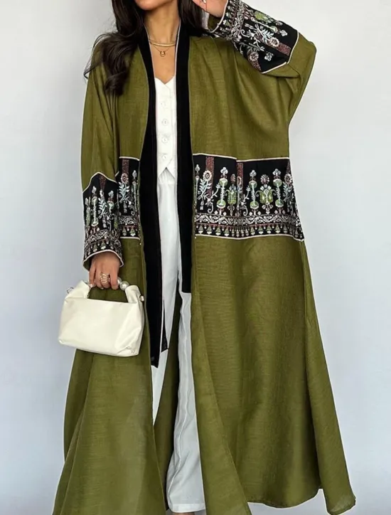 Discount Women's Casual Jacket Daily Wear Summer Spring Fall Maxi Coat Regular Fit Breathable Artistic / Retro Casual Jacket Long Sleeve Floral Embroidered Black Green Women Cardigans & Outerwears