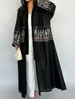 Discount Women's Casual Jacket Daily Wear Summer Spring Fall Maxi Coat Regular Fit Breathable Artistic / Retro Casual Jacket Long Sleeve Floral Embroidered Black Green Women Cardigans & Outerwears