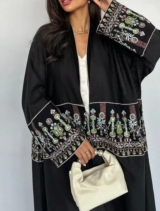 Discount Women's Casual Jacket Daily Wear Summer Spring Fall Maxi Coat Regular Fit Breathable Artistic / Retro Casual Jacket Long Sleeve Floral Embroidered Black Green Women Cardigans & Outerwears