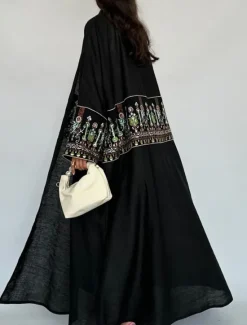 Discount Women's Casual Jacket Daily Wear Summer Spring Fall Maxi Coat Regular Fit Breathable Artistic / Retro Casual Jacket Long Sleeve Floral Embroidered Black Green Women Cardigans & Outerwears