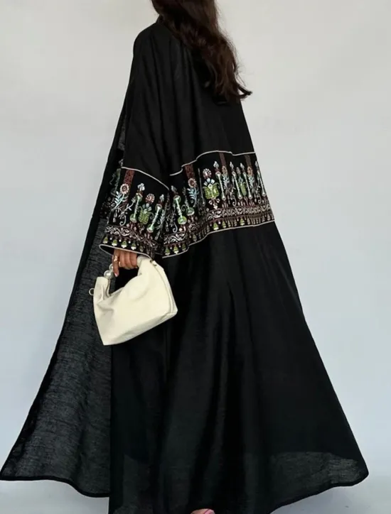Discount Women's Casual Jacket Daily Wear Summer Spring Fall Maxi Coat Regular Fit Breathable Artistic / Retro Casual Jacket Long Sleeve Floral Embroidered Black Green Women Cardigans & Outerwears