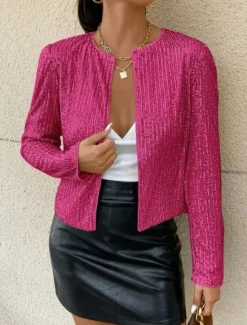 Outlet Women's Casual Jacket Dailywear Sequin Solid Color Cool Regular Fit Outerwear Long Sleeve Spring Rose Gold S Women Jackets