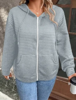 Women's Casual Jacket Hoodie Jacket Outdoor Street Daily Wear Fall Winter Regular Coat Regular Fit Thermal Warm Breathable Stylish Casual Jacket Long Sleeve Plain with Pockets Full Zip Black Wine Women Jackets