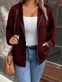 Women's Casual Jacket Hoodie Jacket Outdoor Street Daily Wear Fall Winter Regular Coat Regular Fit Thermal Warm Breathable Stylish Casual Jacket Long Sleeve Plain with Pockets Full Zip Black Wine Women Jackets
