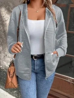 Women's Casual Jacket Hoodie Jacket Outdoor Street Daily Wear Fall Winter Regular Coat Regular Fit Thermal Warm Breathable Stylish Casual Jacket Long Sleeve Plain with Pockets Full Zip Black Wine Women Jackets