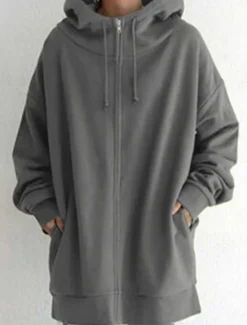 Online Women's Casual Jacket Hoodie Jacket Comfortable Breathable Zipper Pocket Casual Plain Street Casual Daily Wear Zipper Long Hooded Regular Fit Long Sleeve Outerwear Black Red Khaki Spring Fall Women Jackets