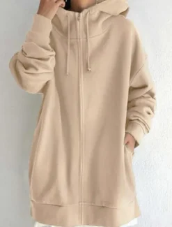 Online Women's Casual Jacket Hoodie Jacket Comfortable Breathable Zipper Pocket Casual Plain Street Casual Daily Wear Zipper Long Hooded Regular Fit Long Sleeve Outerwear Black Red Khaki Spring Fall Women Jackets