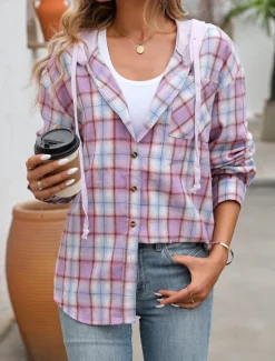 Women's Casual Jacket Hoodie Jacket Outdoor Street Daily Wear Fall Winter Regular Coat Regular Fit Thermal Warm Breathable Stylish Casual Jacket Long Sleeve Stripes and Plaid with Pockets Print Black Women Jackets