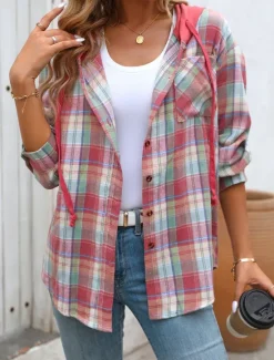Women's Casual Jacket Hoodie Jacket Outdoor Street Daily Wear Fall Winter Regular Coat Regular Fit Thermal Warm Breathable Stylish Casual Jacket Long Sleeve Stripes and Plaid with Pockets Print Black Women Jackets