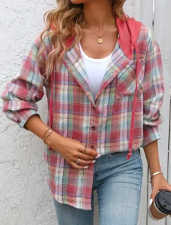 Women's Casual Jacket Hoodie Jacket Outdoor Street Daily Wear Fall Winter Regular Coat Regular Fit Thermal Warm Breathable Stylish Casual Jacket Long Sleeve Stripes and Plaid with Pockets Print Black Women Jackets