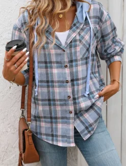 Women's Casual Jacket Hoodie Jacket Outdoor Street Daily Wear Fall Winter Regular Coat Regular Fit Thermal Warm Breathable Stylish Casual Jacket Long Sleeve Stripes and Plaid with Pockets Print Black Women Jackets