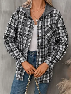 Women's Casual Jacket Hoodie Jacket Outdoor Street Daily Wear Fall Winter Regular Coat Regular Fit Thermal Warm Breathable Stylish Casual Jacket Long Sleeve Stripes and Plaid with Pockets Print Black Women Jackets
