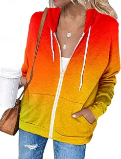 Sale Women's Casual Jacket Hoodie Jacket Outdoor Street Daily Wear Fall Winter Regular Coat Regular Fit Thermal Warm Breathable Stylish Casual Jacket Long Sleeve Color Gradient with Pockets Print Women Jackets