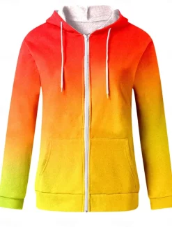 Sale Women's Casual Jacket Hoodie Jacket Outdoor Street Daily Wear Fall Winter Regular Coat Regular Fit Thermal Warm Breathable Stylish Casual Jacket Long Sleeve Color Gradient with Pockets Print Women Jackets