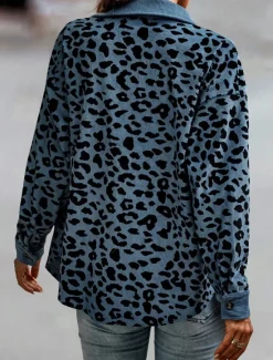 Online Women's Casual Jacket Outdoor Street Daily Wear Fall Winter Regular Coat Regular Fit Thermal Warm Breathable Stylish Casual Jacket Long Sleeve Leopard with Pockets Print Pink Blue Green Women Jackets