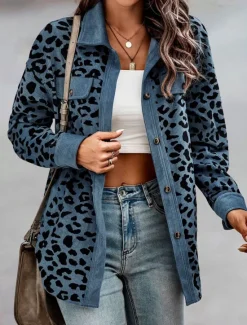 Online Women's Casual Jacket Outdoor Street Daily Wear Fall Winter Regular Coat Regular Fit Thermal Warm Breathable Stylish Casual Jacket Long Sleeve Leopard with Pockets Print Pink Blue Green Women Jackets