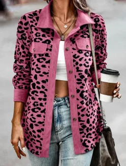 Online Women's Casual Jacket Outdoor Street Daily Wear Fall Winter Regular Coat Regular Fit Thermal Warm Breathable Stylish Casual Jacket Long Sleeve Leopard with Pockets Print Pink Blue Green Women Jackets