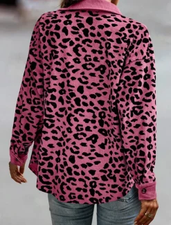 Online Women's Casual Jacket Outdoor Street Daily Wear Fall Winter Regular Coat Regular Fit Thermal Warm Breathable Stylish Casual Jacket Long Sleeve Leopard with Pockets Print Pink Blue Green Women Jackets