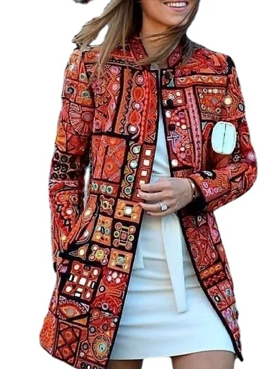 Hot Women's Casual Jacket Outdoor clothing Pocket Floral Comfortable Patterned Loose Fit Outerwear Long Sleeve Fall Red Casual Fashion Street Women Jackets
