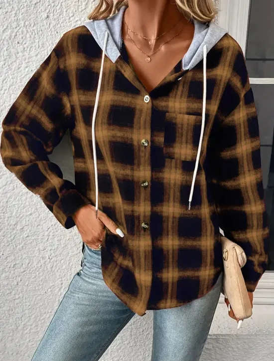 Sale Women's Casual Jacket Outdoor Street Daily Wear Fall Winter Regular Coat Regular Fit Thermal Warm Breathable Stylish Casual Jacket Long Sleeve Stripes and Plaid with Pockets Print Pink Red Brown Women Jackets