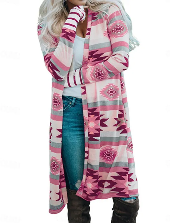 Online Women's Casual Jacket Outdoor Street Daily Wear Fall Long Coat Regular Fit Thermal Warm Breathable Stylish Casual Jacket Long Sleeve Geometric Print Pink Brown Rainbow Women Cardigans & Outerwears