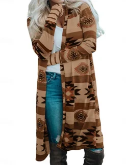 Online Women's Casual Jacket Outdoor Street Daily Wear Fall Long Coat Regular Fit Thermal Warm Breathable Stylish Casual Jacket Long Sleeve Geometric Print Pink Brown Rainbow Women Cardigans & Outerwears