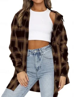New Women's Casual Jacket Outdoor Street Daily Wear Fall Winter Regular Coat Regular Fit Thermal Warm Breathable Stylish Casual Jacket Long Sleeve Stripes and Plaid with Pockets Print Black Red Green Women Jackets