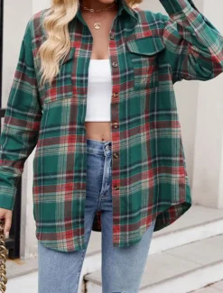 Hot Women's Casual Jacket Outdoor Street Daily Wear Fall Winter Regular Coat Regular Fit Thermal Warm Breathable Stylish Casual Jacket Long Sleeve Stripes and Plaid with Pockets Print Pink Red Orange Women Jackets