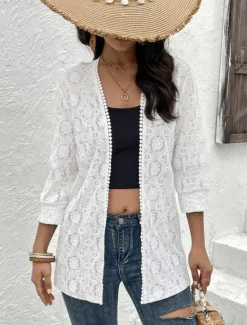 Women's Casual Jacket Outdoor Lace Solid Color Windproof Fashion Regular Fit Outerwear 3/4 Length Sleeve Fall S Women Blazers & Suits|Jackets