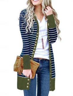 Women's Casual Jacket Outdoor Street Daily Wear Fall Winter Long Coat Regular Fit Thermal Warm Breathable Stylish Casual Jacket Long Sleeve Striped Print Dark Grey Army Green Blue Women Jackets