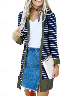Women's Casual Jacket Outdoor Street Daily Wear Fall Winter Long Coat Regular Fit Thermal Warm Breathable Stylish Casual Jacket Long Sleeve Striped Print Dark Grey Army Green Blue Women Jackets