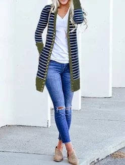 Women's Casual Jacket Outdoor Street Daily Wear Fall Winter Long Coat Regular Fit Thermal Warm Breathable Stylish Casual Jacket Long Sleeve Striped Print Dark Grey Army Green Blue Women Jackets