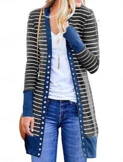 Women's Casual Jacket Outdoor Street Daily Wear Fall Winter Long Coat Regular Fit Thermal Warm Breathable Stylish Casual Jacket Long Sleeve Striped Print Dark Grey Army Green Blue Women Jackets
