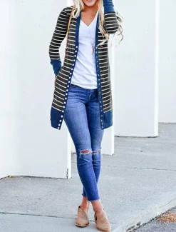 Women's Casual Jacket Outdoor Street Daily Wear Fall Winter Long Coat Regular Fit Thermal Warm Breathable Stylish Casual Jacket Long Sleeve Striped Print Dark Grey Army Green Blue Women Jackets