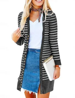 Women's Casual Jacket Outdoor Street Daily Wear Fall Winter Long Coat Regular Fit Thermal Warm Breathable Stylish Casual Jacket Long Sleeve Striped Print Dark Grey Army Green Blue Women Jackets