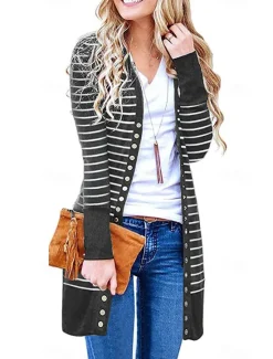 Women's Casual Jacket Outdoor Street Daily Wear Fall Winter Long Coat Regular Fit Thermal Warm Breathable Stylish Casual Jacket Long Sleeve Striped Print Dark Grey Army Green Blue Women Jackets