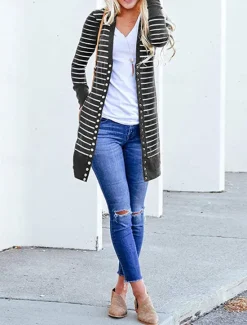 Women's Casual Jacket Outdoor Street Daily Wear Fall Winter Long Coat Regular Fit Thermal Warm Breathable Stylish Casual Jacket Long Sleeve Striped Print Dark Grey Army Green Blue Women Jackets