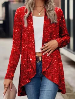 Discount Women's Casual Jacket Outdoor Street Daily Wear Fall Winter Regular Coat Regular Fit Thermal Warm Breathable Stylish Casual Jacket Long Sleeve Plain Sequins Silver Black Red Women Blazers & Suits