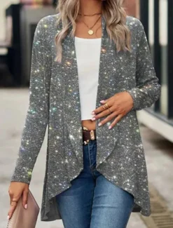 Discount Women's Casual Jacket Outdoor Street Daily Wear Fall Winter Regular Coat Regular Fit Thermal Warm Breathable Stylish Casual Jacket Long Sleeve Plain Sequins Silver Black Red Women Blazers & Suits