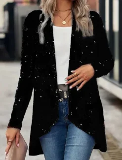Discount Women's Casual Jacket Outdoor Street Daily Wear Fall Winter Regular Coat Regular Fit Thermal Warm Breathable Stylish Casual Jacket Long Sleeve Plain Sequins Silver Black Red Women Blazers & Suits
