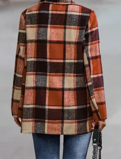 New Women's Casual Jacket Outdoor Street Daily Wear Fall Winter Regular Coat Regular Fit Thermal Warm Breathable Stylish Casual Jacket Long Sleeve Stripes and Plaid with Pockets Print Red Fuchsia Orange Women Jackets