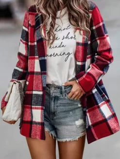 New Women's Casual Jacket Outdoor Street Daily Wear Fall Winter Regular Coat Regular Fit Thermal Warm Breathable Stylish Casual Jacket Long Sleeve Stripes and Plaid with Pockets Print Red Fuchsia Orange Women Jackets