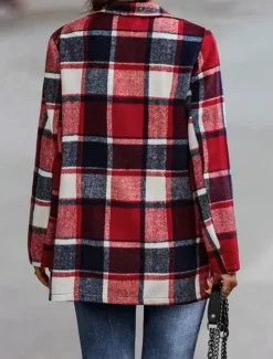 New Women's Casual Jacket Outdoor Street Daily Wear Fall Winter Regular Coat Regular Fit Thermal Warm Breathable Stylish Casual Jacket Long Sleeve Stripes and Plaid with Pockets Print Red Fuchsia Orange Women Jackets