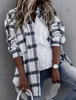 Online Women's Casual Jacket Outdoor Street Daily Wear Fall Winter Regular Coat Regular Fit Thermal Warm Breathable Stylish Casual Jacket Long Sleeve Stripes and Plaid with Pockets Print Women Jackets