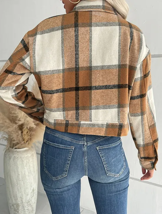 Outlet Women's Casual Jacket Outdoor Street Daily Wear Fall Winter Short Coat Regular Fit Thermal Warm Breathable Stylish Casual Jacket Long Sleeve Stripes and Plaid with Pockets Print Black Navy Blue Purple Women Jackets