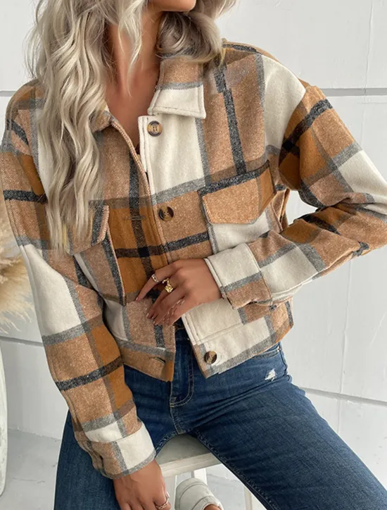 Outlet Women's Casual Jacket Outdoor Street Daily Wear Fall Winter Short Coat Regular Fit Thermal Warm Breathable Stylish Casual Jacket Long Sleeve Stripes and Plaid with Pockets Print Black Navy Blue Purple Women Jackets