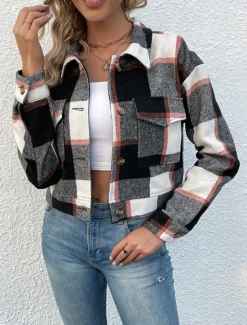 Outlet Women's Casual Jacket Outdoor Street Daily Wear Fall Winter Short Coat Regular Fit Thermal Warm Breathable Stylish Casual Jacket Long Sleeve Stripes and Plaid with Pockets Print Black Navy Blue Purple Women Jackets