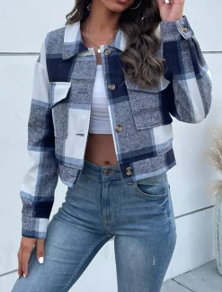 Outlet Women's Casual Jacket Outdoor Street Daily Wear Fall Winter Short Coat Regular Fit Thermal Warm Breathable Stylish Casual Jacket Long Sleeve Stripes and Plaid with Pockets Print Black Navy Blue Purple Women Jackets