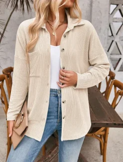 Best Women's Casual Jacket Outdoor Street Daily Wear Fall Regular Coat Regular Fit Thermal Warm Breathable Stylish Casual Jacket Long Sleeve Stripes and Plaid with Pockets Print Black Blue Khaki Women Jackets