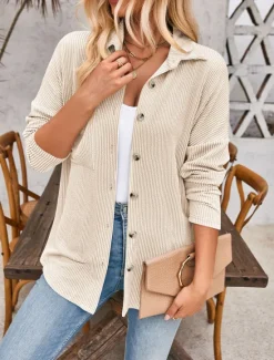 Best Women's Casual Jacket Outdoor Street Daily Wear Fall Regular Coat Regular Fit Thermal Warm Breathable Stylish Casual Jacket Long Sleeve Stripes and Plaid with Pockets Print Black Blue Khaki Women Jackets